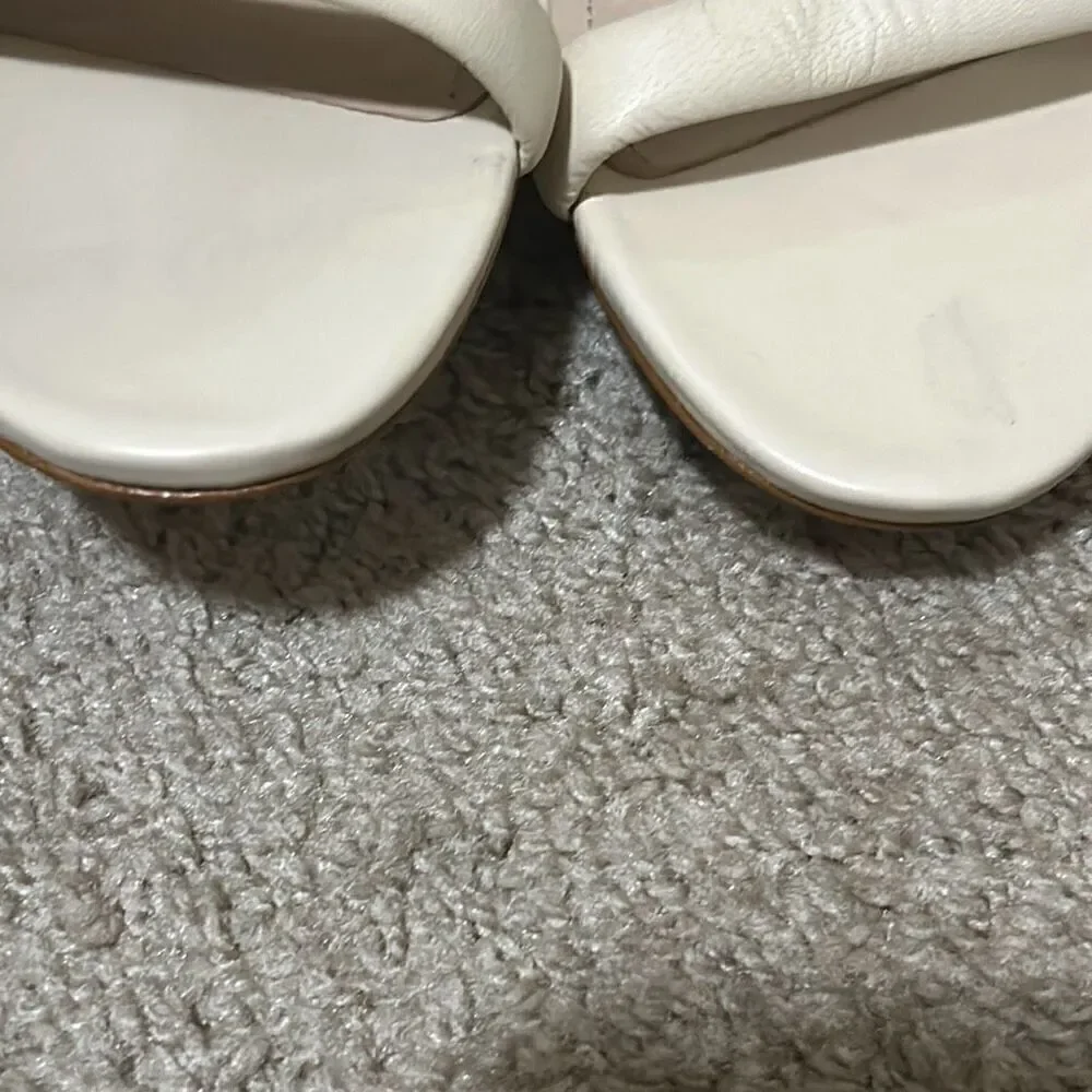 Schutz Women's 11 Block Heel Leather Strappy Slip On Sandals Ivory Cream New